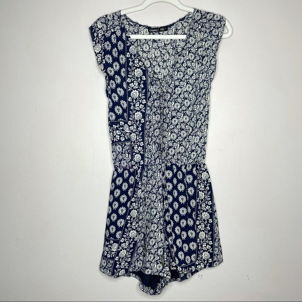 Gypsy 05 boho floral navy white lace up romper